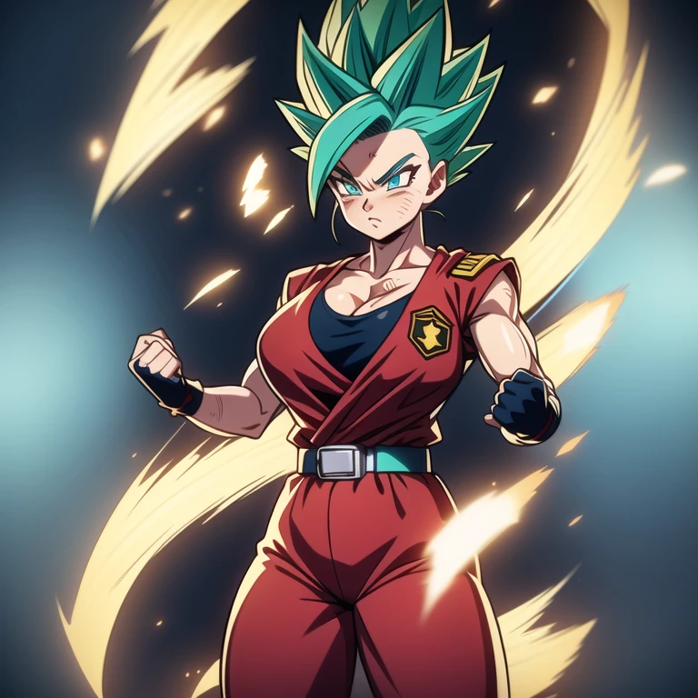 dbsuper style, 
Girl, green aura, super saiyan aura, belt, cyan hair, huge hair, bruise, bruise on face, clenched hands, frown, glasses, gloves, blue eyes, grey gloves, injury, medium breasts, huge muscular, solo, spiked hair, super saiyan, super saiyan 4, mouth opened, furious, military's uniform, widow's preak
, ((masterpiece)) 
