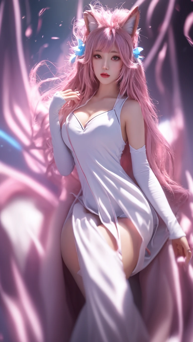 Pink hair with long braids,Transparent white slip dress,White paper background,The expression is shy and blushing,looking at viewert,Heroine art,arte 3D,Sweet and lovely art,Lie forward with your hands propped up --auto