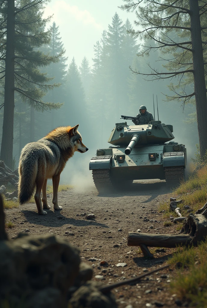 Realistic wolf and a tank in one picture
