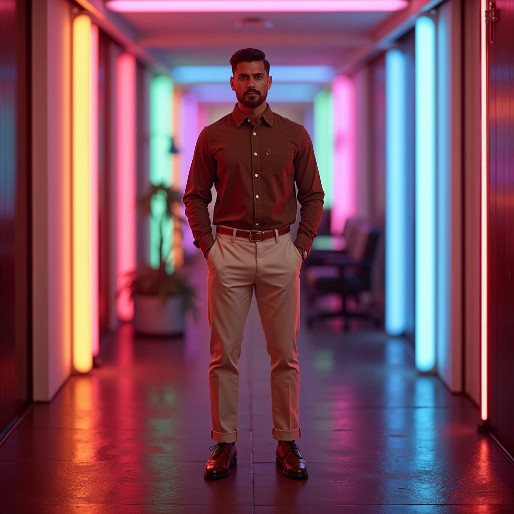 A smart men looking a viewer, black long bun hair, orange colour suit, warm tone, change background like friends weeding event ultra detailed background,hyper realistic, cinematic tone, 8k resolution, side lens flare, height men, fit body,