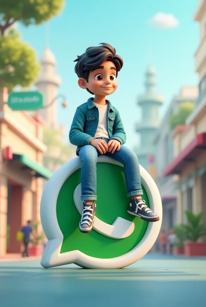 Create a 3D illustration of an animated character sitting casually on top of a social media logo "WhatsApp". The character must wear casual modern clothing such as jeans jacket and sneakers shoes. The background of the image is a social media profile page with a user name "Mohit Diwakar" and a profile picture that match.