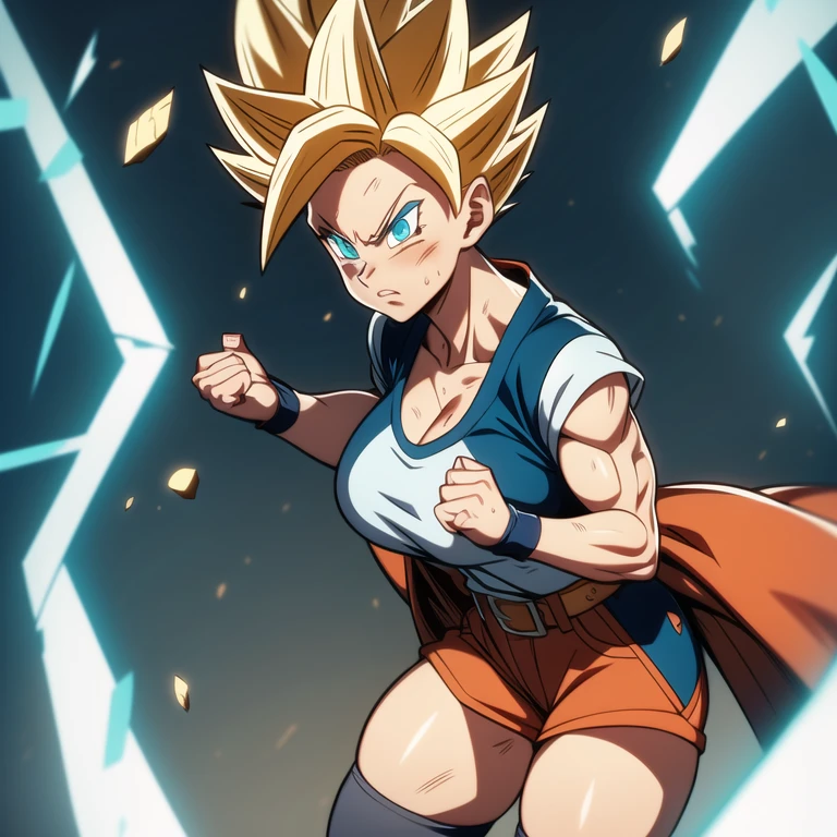 dbsuper style, 
Girl, green aura, super saiyan aura, belt, cyan hair, huge hair, bruise, bruise on face, clenched hands, frown, glasses, gloves, blue eyes, grey gloves, injury, medium breasts, huge muscular, solo, spiked hair, super saiyan, super saiyan 4, mouth opened, furious, military's uniform, widow's preak
, ((masterpiece)) 
