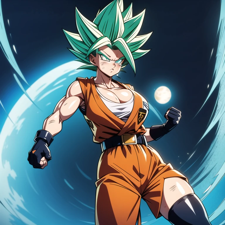 dbsuper style, 
Girl, green aura, super saiyan aura, belt, cyan hair, huge hair, bruise, bruise on face, clenched hands, frown, glasses, gloves, blue eyes, grey gloves, injury, medium breasts, huge muscular, solo, spiked hair, super saiyan, super saiyan 4, mouth opened, furious, military's uniform, widow's preak
, ((masterpiece)) 
