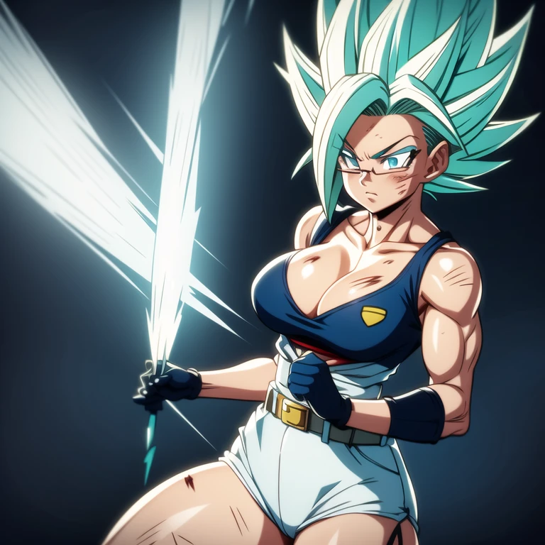 dbsuper style, 
Girl, green aura, super saiyan aura, belt, cyan hair, huge hair, bruise, bruise on face, clenched hands, frown, glasses, gloves, blue eyes, grey gloves, injury, medium breasts, huge muscular, solo, spiked hair, super saiyan, super saiyan 4, mouth opened, furious, military's uniform, widow's preak
, ((masterpiece)) 
