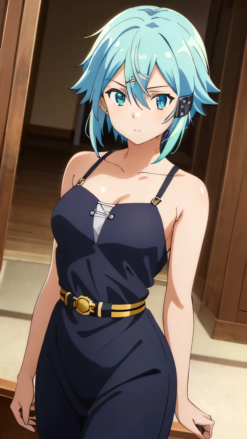 (Best Quality, masterpiece, 8k:1.2), Super detailed,  Hi-Res, (Anime:1.2),  1 girl, Alone, EpsOA Shinon ,  short hair,  light blue hair,  Detailed Jewel Eyes,  hair between eyes , ( hair accessory:1.2),  hair clips,  side lock, (one piece, indoor),  Dynamic Angles ,  cowboy shot, viewers,