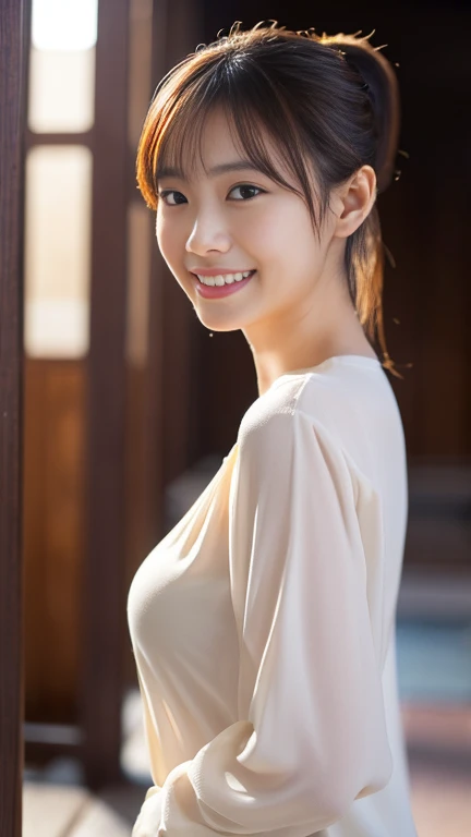 best qualtiy， tmasterpiece， 超高分辨率， realisticlying， 1girll， bshoulders， By the window，Head up and laugh heartily，the Sun Shining，