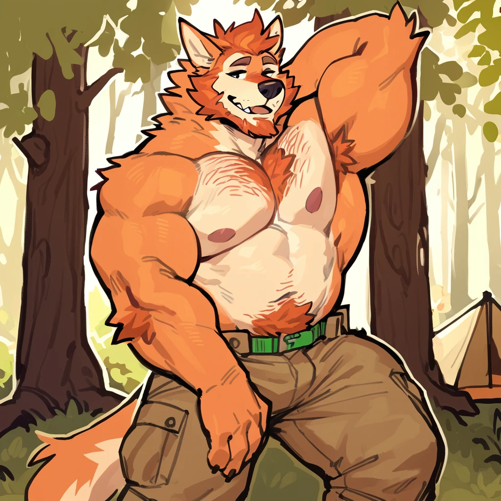  only Wolf,  light hairy ginger  , Light ginger coat  ,     large pectorals    , strong physique,      very muscular ,         perfect anatomy    ,    masterpiece   ,  ginger beard ,     black eyes    ,     strong jaw   , giant biceps,  shirtless ,     hairy pectorals    , alone,     great lighting    ,  cheerful look  (  brown cargo pants, and warm   ) , por zixiong, por zackary911,     the SligarTheTiger   , by RED8EAN (Exhausting:     opaque green collar shirt ) Skin tone:  Light ginger  (bottom: outdoor camp. Camping in the woods ) all light ginger body, (light ginger belly) (light ginger belly and body, all body is the same ginger color) DO THE SAME COLOR FOR EVERY PART OF THE BODY