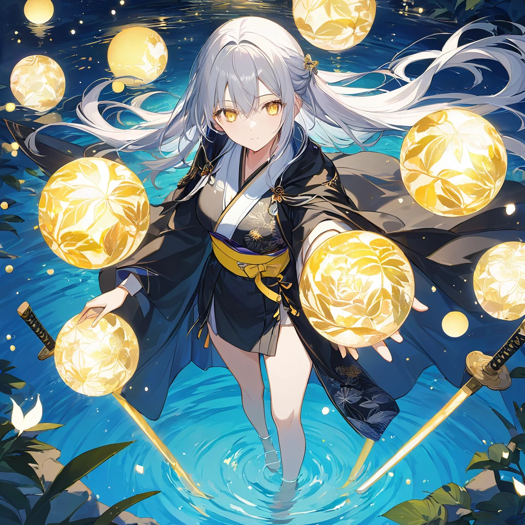  anime style,Fantasy,Standing woman,Women stand on water .,Silver Hair,Long Hair,  wearing a black cloak , yellow eyes,Sparkling Eyes,Sparkling Eyesのハイライト 着物の衣装, Black Kimono,Leaf pattern ,Yellow belt, yellow orbs fly , noble atmosphere, dazzling swords illuminate the world , proud faces highlight women , The background is night ,High Angle Masterpiece ,Best Quality,Exquisite,8k, absurd,Ultra-detailed illustrations,( Viewers )