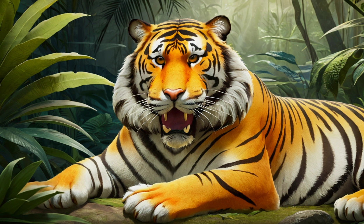 A tiger snores in the jungle
With its striped skin it shines
Run as fast as the wind
His roar dominates everything
