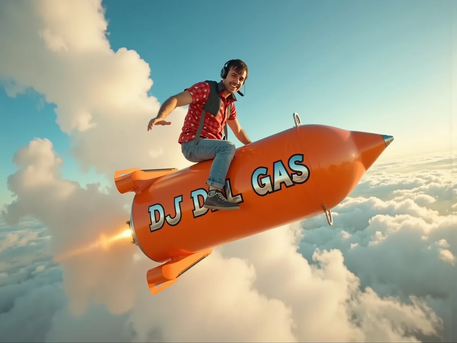  Epic 8K cinematic shot of a DJ happily riding a huge orange butane gas cylinder  ( Spanish-style gas bottle )  flying through a magical sky full of fluffy clouds ,  stylized inspired by the whimsical world of Super Mario .  The gas cylinder prominently shows 'DJ DEL GAS' in bold ,  professional graffiti style letters with metallic luster and 3D effect ,  partially enveloping its surface - the perfectly legible text in the shot .  Close-up shot that captures the excited expression of the DJ and the detailed features while confidently sitting on the cylinder like a rocket,  wearing professional headphones with his clothes and hair dynamically blown by the wind . dense,  powerful jets of white steam come out of the base of the cylinder ,  creating a dramatic propulsion effect similar to a rocket with turbulent smoke trails .  The scene conveys a strong sense of speed and movement - motion blur in the background clouds , The DJ's clothes waving ,  and dynamic vapor streams that crawl behind .  The sky has a perfect shape ,  cartoon-inspired white clouds with golden sunlight bordering its edges ,  but is shown with photorealistic details .  Taken at a slight Dutch angle to enhance the sense of dynamic movement ,  shallow depth of field focused on the DJ and your orange 'rocket' .  Professional photography style with high contrast and rich color gradation ,  captured with a RED camera with an anamorphic lens .  Dramatic lighting emphasizes metallic reflections in the gas cylinder and its text , Creating a magical atmosphere.  The composition balances extravagant Super Mario-style elements with hyperrealistic textures and cinematic motion effects 