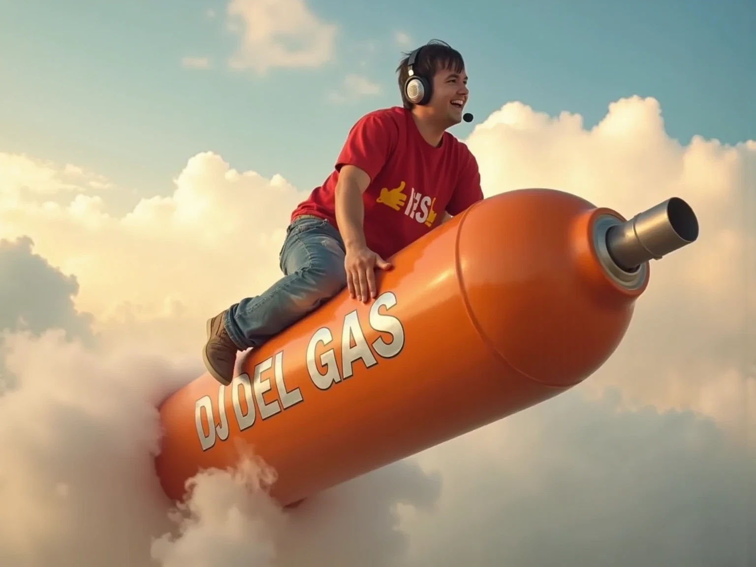  Epic 8K cinematic shot of a DJ happily riding a huge orange butane gas cylinder  ( Spanish-style gas bottle )  flying through a magical sky full of fluffy clouds ,  stylized inspired by the whimsical world of Super Mario .  The gas cylinder prominently shows 'DJ DEL GAS' in bold ,  professional graffiti style letters with metallic luster and 3D effect ,  partially enveloping its surface - the perfectly legible text in the shot .  Close-up shot that captures the excited expression of the DJ and the detailed features while confidently sitting on the cylinder like a rocket,  wearing professional headphones with his clothes and hair dynamically blown by the wind . dense,  powerful jets of white steam come out of the base of the cylinder ,  creating a dramatic propulsion effect similar to a rocket with turbulent smoke trails .  The scene conveys a strong sense of speed and movement - motion blur in the background clouds , The DJ's clothes waving ,  and dynamic vapor streams that crawl behind .  The sky has a perfect shape ,  cartoon-inspired white clouds with golden sunlight bordering its edges ,  but is shown with photorealistic details .  Taken at a slight Dutch angle to enhance the sense of dynamic movement ,  shallow depth of field focused on the DJ and your orange 'rocket' .  Professional photography style with high contrast and rich color gradation ,  captured with a RED camera with an anamorphic lens .  Dramatic lighting emphasizes metallic reflections in the gas cylinder and its text , Creating a magical atmosphere.  The composition balances extravagant Super Mario-style elements with hyperrealistic textures and cinematic motion effects 