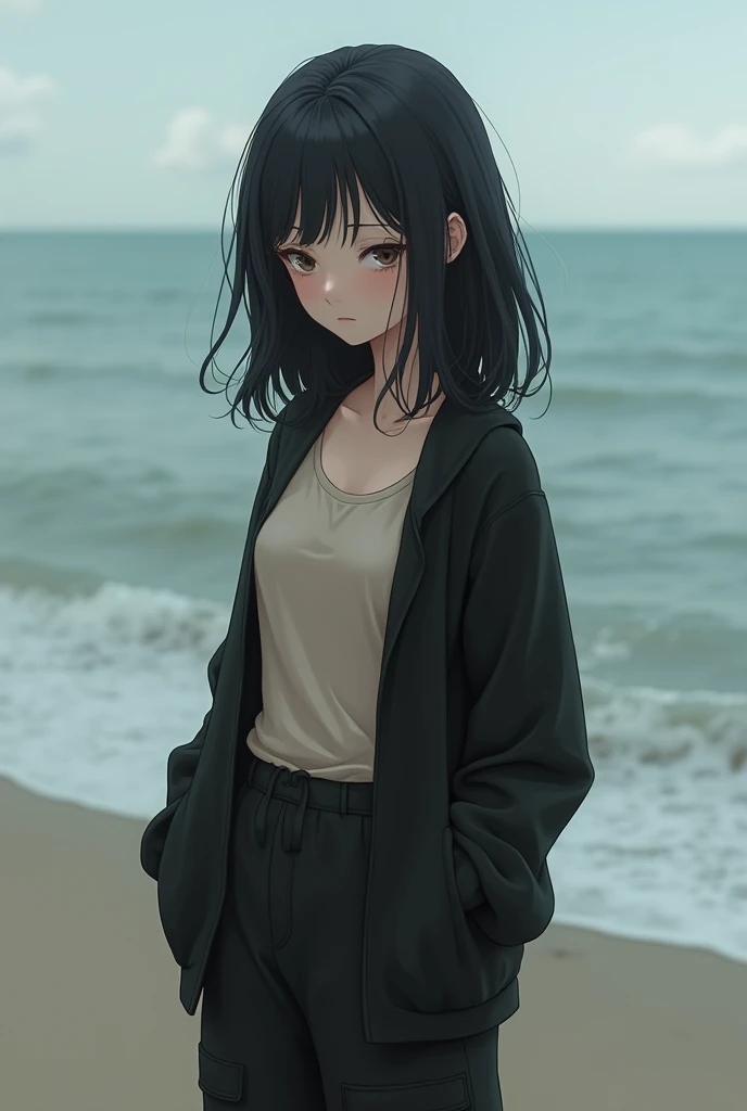 Angelic, ultra detailed, 8k, masterpiece, 1 beautiful woman, medium hair, black hair, hoodie, matured, beautiful leg, sea, on the beach, clear water, noon, natural, bright