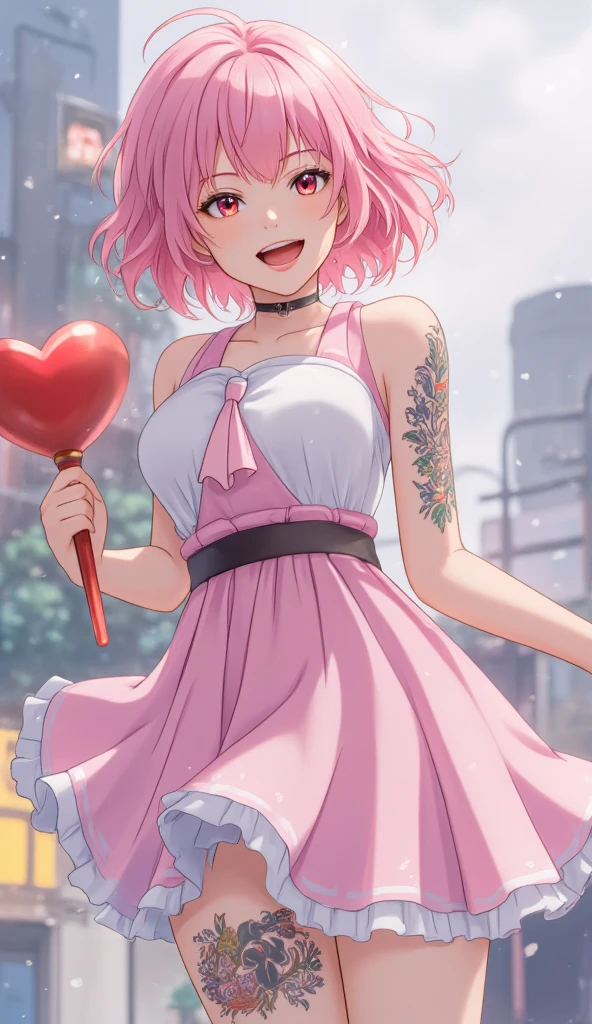 floating cute magical girl, yandere, amorous and lewd face, crazy smile, scary smile, evil smile, teasing smile, grin, lewd smile, malicious smile, creepy smile, big droopy eyes, huge mouth, make-up, pink messy wavy short hair, ahoge, blunt bangs, covered in tattoos, great proportion, wearing pink and white frilly fluffy dress, heart-shaped magic stick, background pastel colors, kaleidoscope of cityscapes, analyzers, labs, with mix of stonepunk, firepunk, and waterpunk, shading effects, gradation magic effects, foggy filter effects, glitter effects, various effects, delicate and dynamic textures, contrasts of light and shadow, 2.5D, artistic photography, hyper realistic, digital graphic CG, BREAK ultra detailed, absolutely resolution, best quality