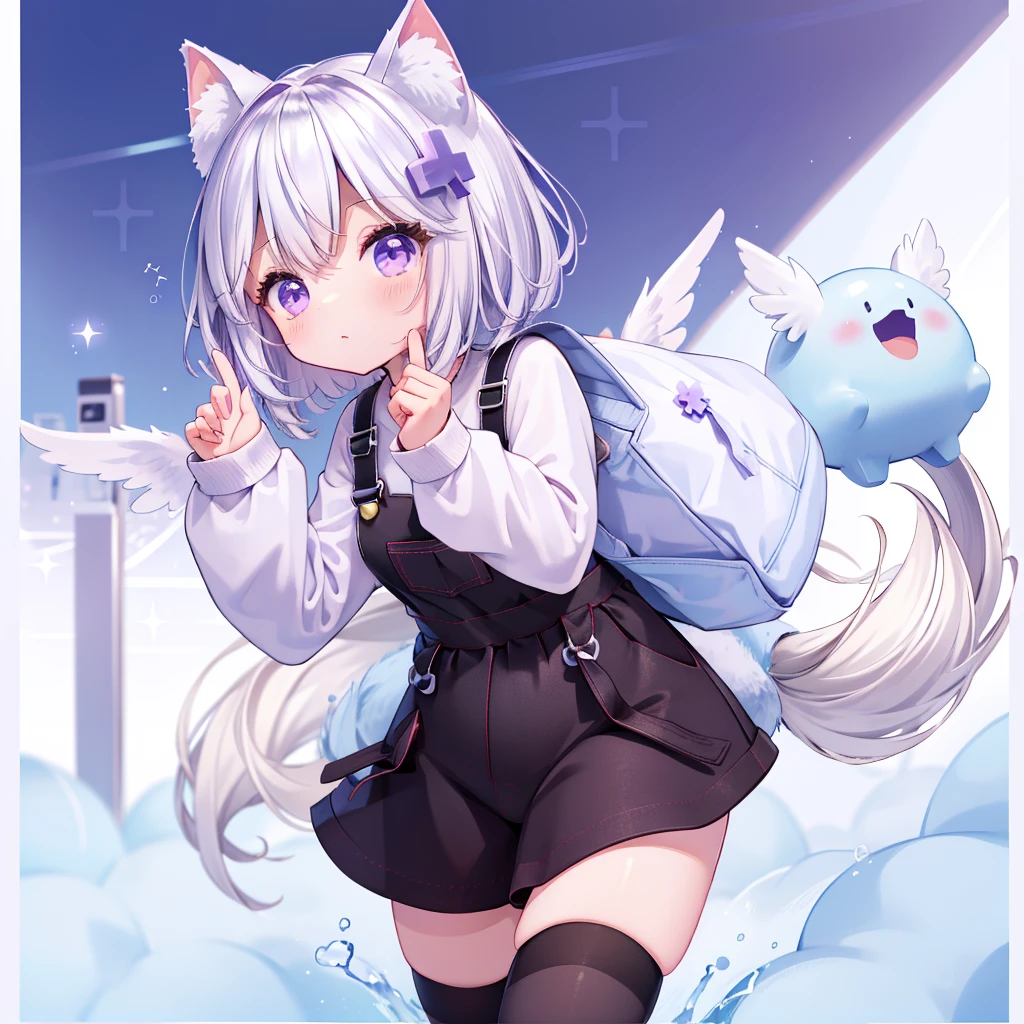 The fluffy and adorable little fairy 、Jiggly、shiny、I'm wearing a 、 star-shaped pochette over my shoulder with a plump and rounded butt、two short hands and legs、Small wings on the back、FilianOverall, purple eyes, short hair, hair ornament, overalls, white sweater, black thighhighs