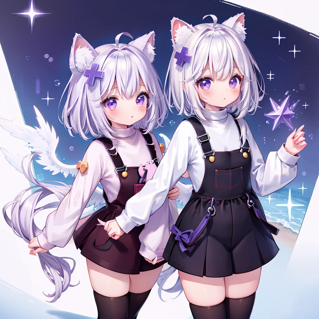 The fluffy and adorable little fairy 、Jiggly、shiny、I'm wearing a 、 star-shaped pochette over my shoulder with a plump and rounded butt、two short hands and legs、Small wings on the back、FilianOverall, purple eyes, short hair, hair ornament, overalls, white sweater, black thighhighs