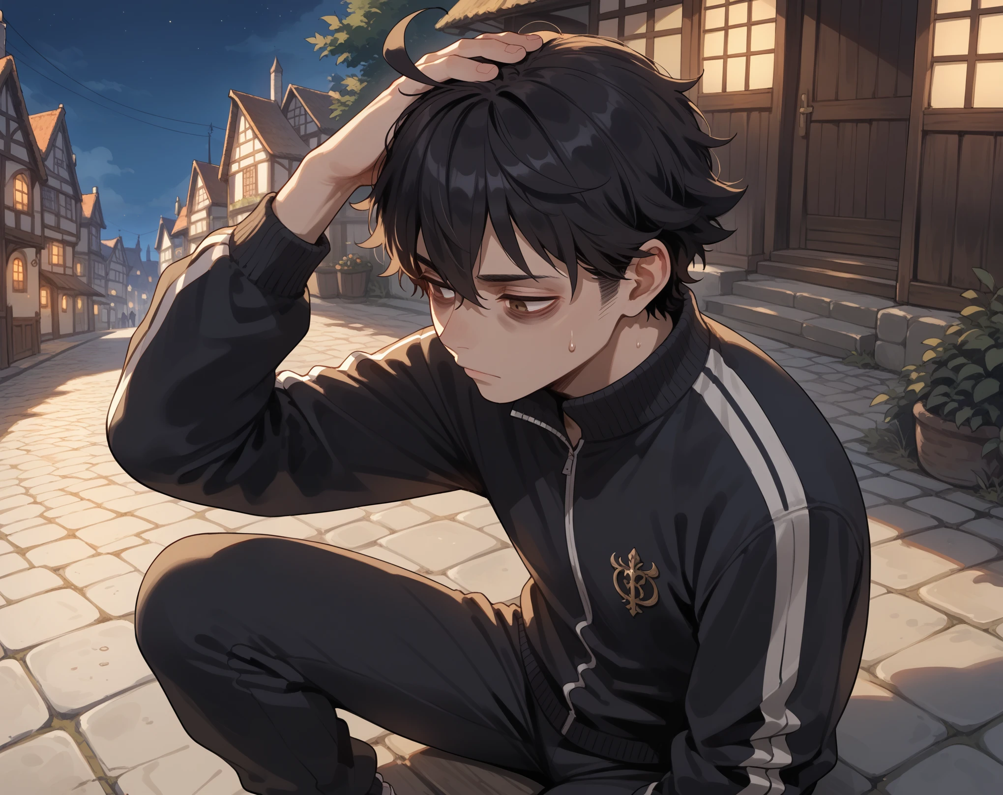 core_9,score_8_up,score_7_up,),score_9,score_8_up,score_7_up, {{artist: nyong_nyong}} {{medieval fantasy, anime, cowboy shot, from above, from side, source_anime, outdoors, cobblestoene, town, colorful, night, vibrant, looking down, scratching head, solo}} } 1boy, black hair, short hair, fluffy hair, hair flaps, ahoge, bags under eyes, brown eyes, narrowed eyes, black tracksuit, black track jacket, sweatpants, sitting on ground.