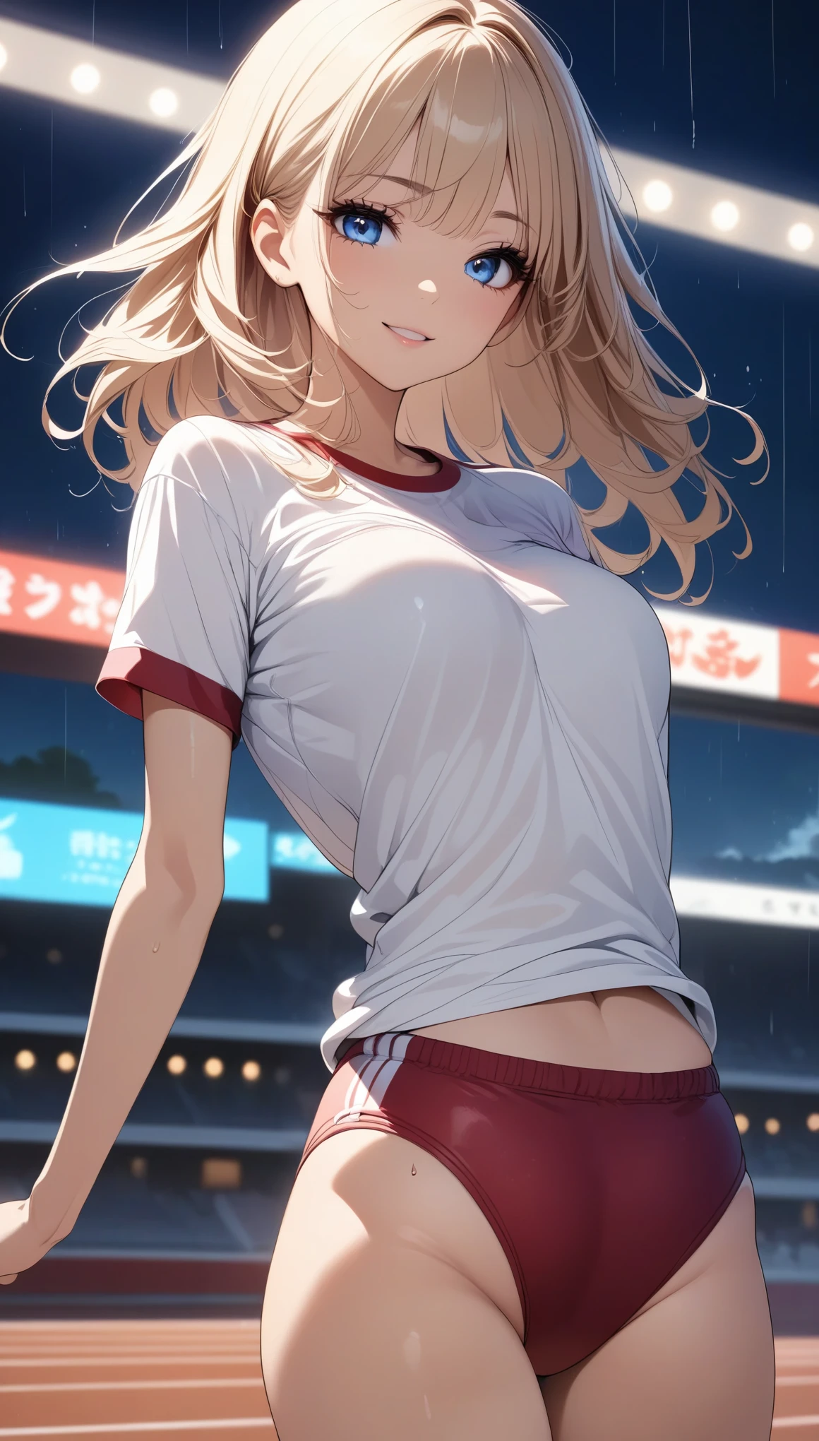  cute girl、((buruma:1.2、round neck t-shirt))、Beautiful and detailed eyes、Beautiful and detailed lips、 very fine な顔と体、 long eyelashes 、Graceful pose、 dynamic movement、((rain、competition track、 Drenched ))、 bright lights in front of the temple、 pastel colors、 cinematic angles 、 Vivid 、 very fine 、8k、 anime style:1.2、CG illustration、masterpiece