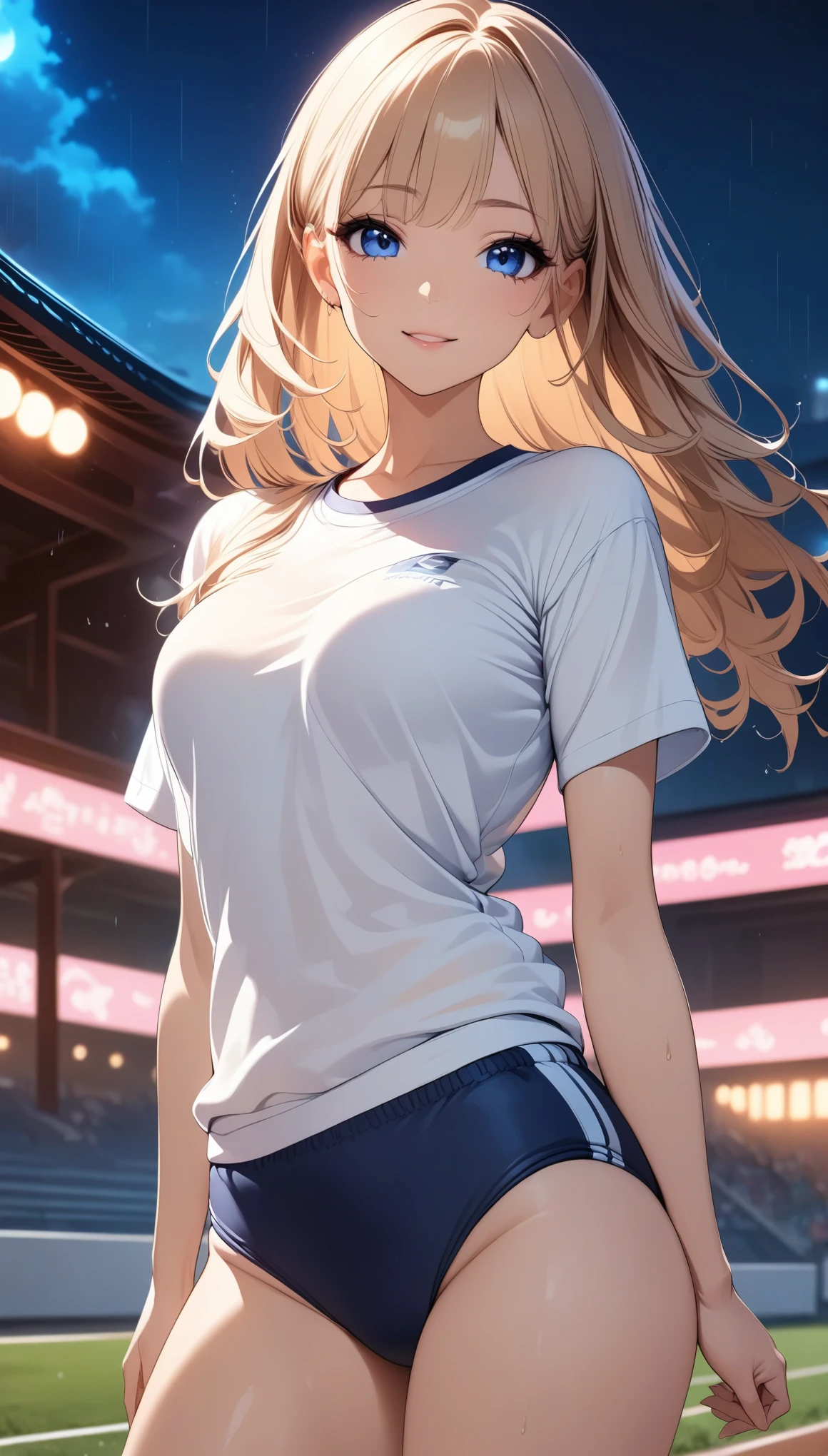  cute girl、((buruma:1.2、round neck t-shirt))、Beautiful and detailed eyes、Beautiful and detailed lips、 very fine な顔と体、 long eyelashes 、Graceful pose、 dynamic movement、((rain、competition track、 Drenched ))、 bright lights in front of the temple、 pastel colors、 cinematic angles 、 Vivid 、 very fine 、8k、 anime style:1.2、CG illustration、masterpiece