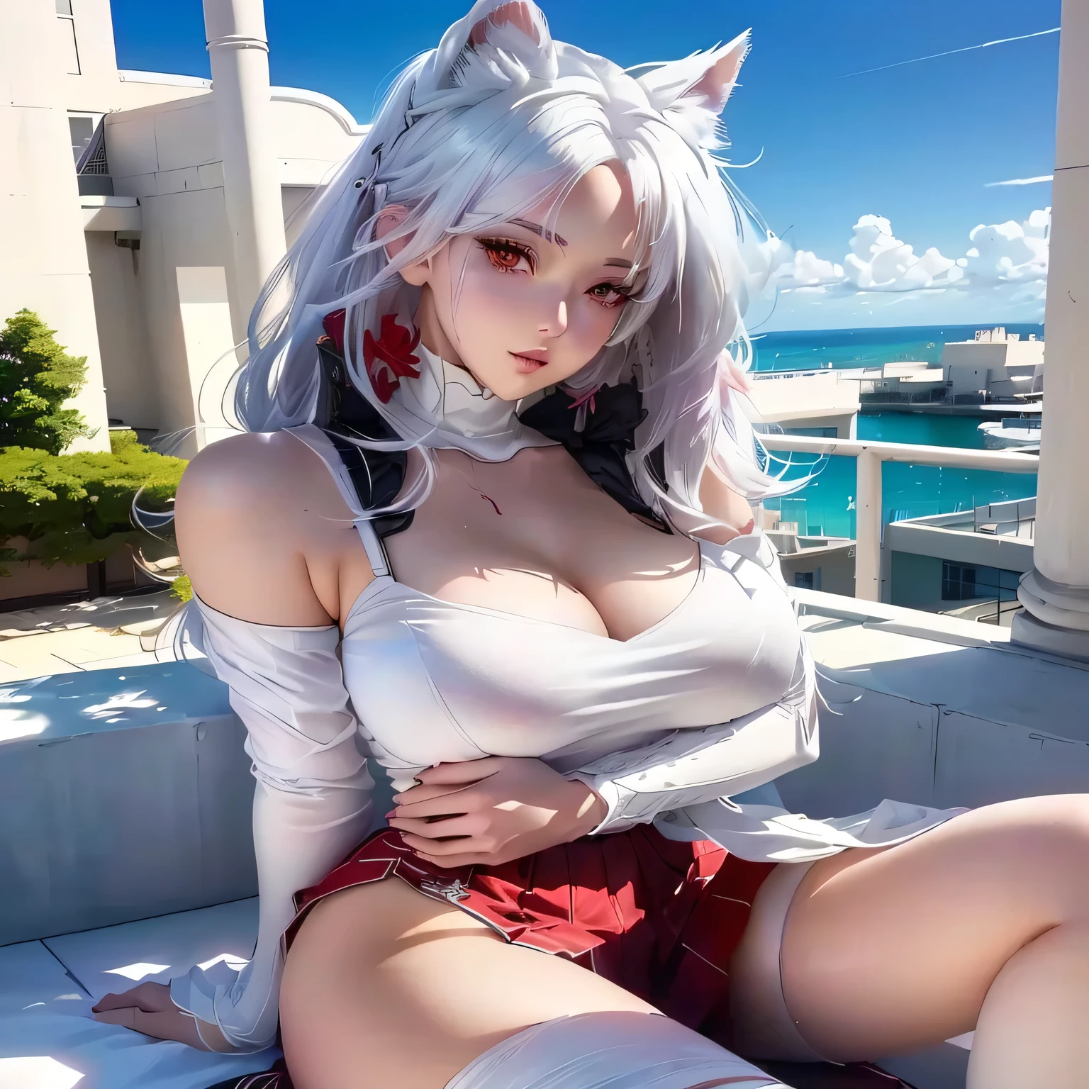 ((Best Quality, 8K, Masterpiece: 1.3)), Sharp: 1.2, Perfect Body Beauty: 1.4,1 girl,silver hair,(smile),((lying)),((fantasy)),Highly detailed face,detailed eyes,double eyelids,(furry:1.8),have a cat's ears,furry gloves,thigh,spread legs,(((1man and 1woman,having sex))),((((vaginal,sex))),((above view)),((wide shot:1.4)),lakeside,blue hour