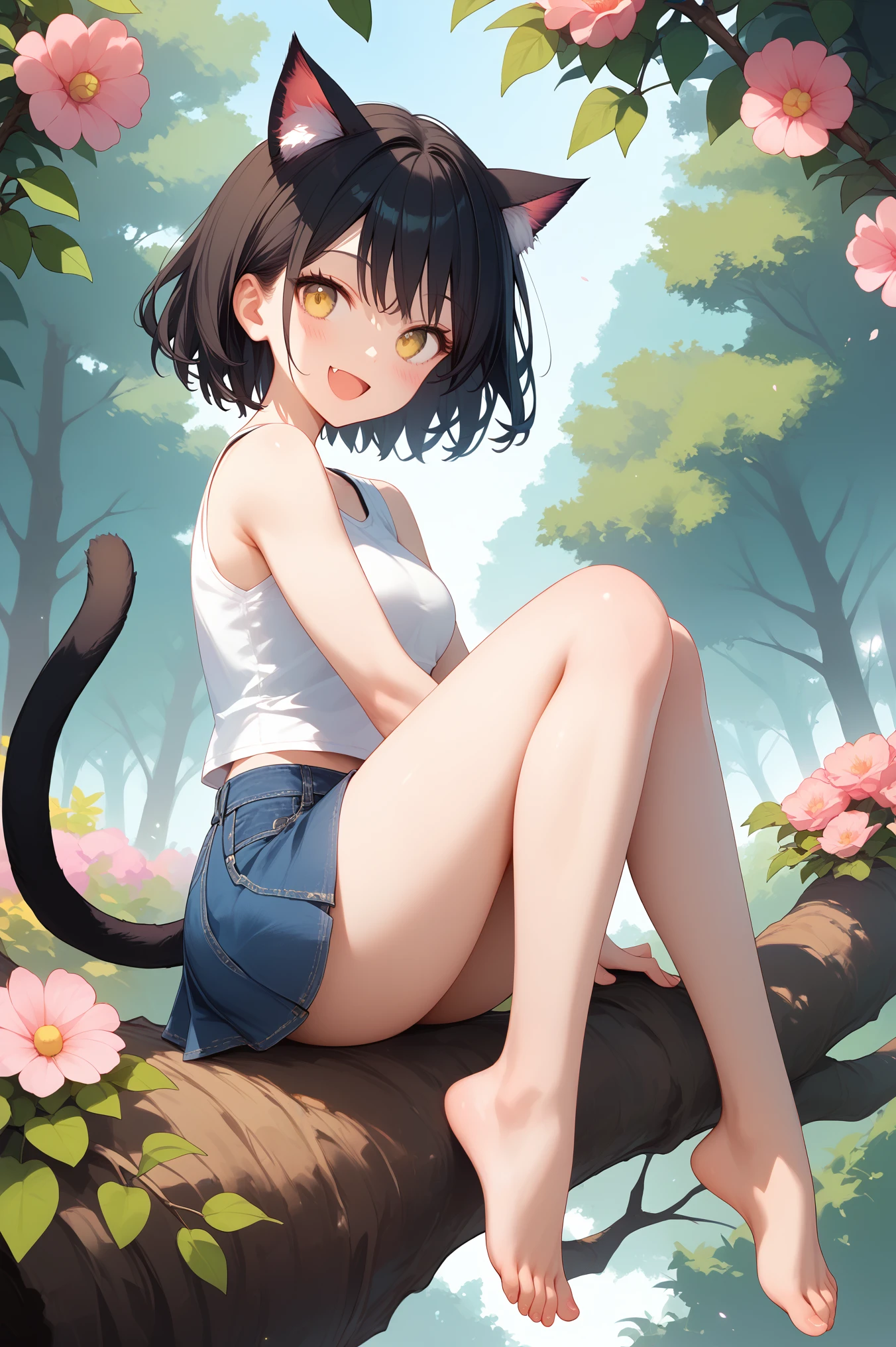 (masterpiece, best quality), (score_9,score_8_up,score_7_up), (highly-detailed), solo, young woman, 24 years old, (black short stylish hair), (bright yellow eyes), (nice body, curvaceous, fit), cute face, (cat ears, cat tail), tanktop, denim pleated skirt, thighs, legs, barefoot, sitting on tree branch, super happy, cute feline fang, mouth open, cute smile, blush, outdoors, nature, flowers, trees, nice park, sunny day, 