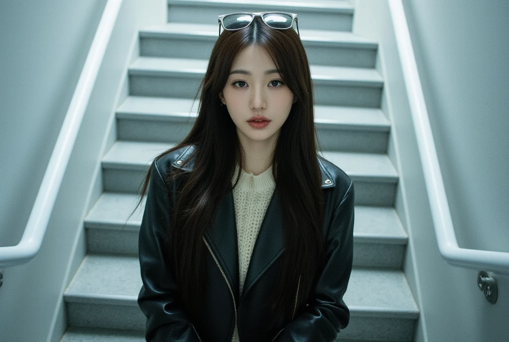 Create a picture of a young woman standing confidently on a staircase indoors. She is wearing a stylish black leather jacket over a light knitted sweater, giving off a casual yet chic vibe. Her long, dark hair flows naturally, and she has sunglasses perched on top of her head, adding a touch of sophistication. She gazes directly at the camera with a soft but confident expression. The overall mood is cool, modern, and relaxed, with a focus on casual street style in an everyday setting. 