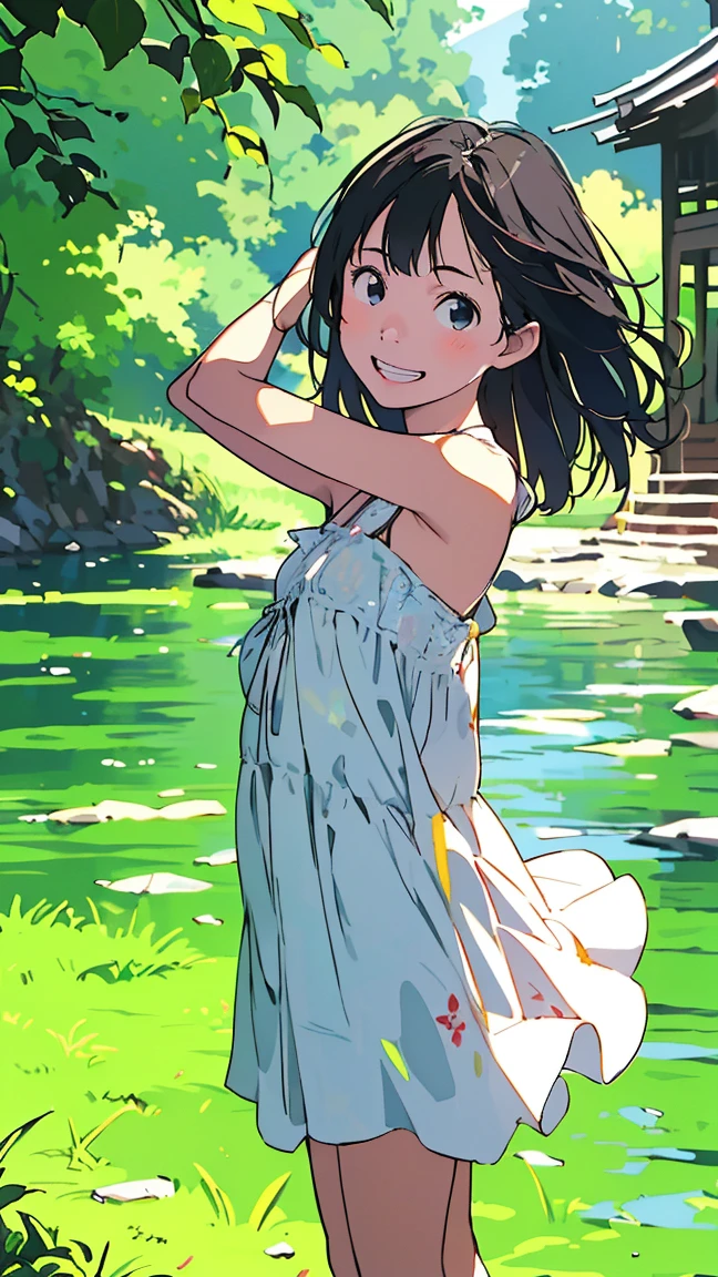 The robot and the dark-haired girl's skirt flutters violently like , Rational Design , Clear lines,  Hi-Res, (Best Quality,8k, Perfect Sharpness , Ultra-Fine, Hi-Res,masterpiece:1.2), perfect anatomy:1.5,  OFFICIAL ART,   smiling in a hydrangea , (Off-white background:0. 9）、Body Positivity、多Mister.Physical expression、（Random and lively poses）、 perfect beauty、 perfect beautiful face、Strong winds、Deep Expression 、 dynamic composition 、smile、 golden ratio composition、 colorful 、（(Mister.々  Different Angles and Perspectives  )）、Anime Art、( mini dress)、（Overcoming stereotypes）、   growing skin  、（Natural beauty）、smile、bangs、（soft and flowing hair）、（countryside）、（ Nostalgic Atmosphere ）、Stand up、（Playful and easygoing）、（多Mister.Ethnic characters）、（Innocent attitude）、（Sunny atmosphere）、(風にスカートが激しく翻る)、（ Vivid Colors）、 beautiful eyes、( is embarrassing)、Braided Hair、Summer landscape、 side angle 、  widen the angle from below 、、