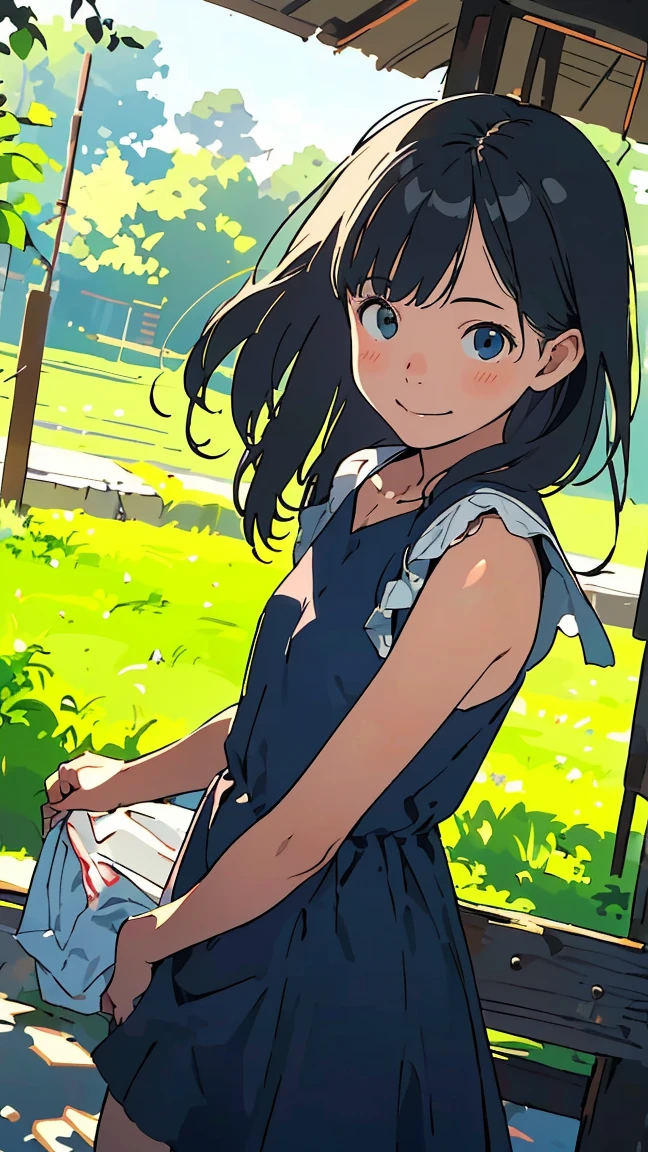 Reasonable design, Clear lines, High Sharpness, (Highest quality,8K,Perfect sharpness,Ultra fine,High resolution,masterpiece:1.2), Perfect Anatomy:1.5, Official Art, Illustrations that tell a story, (Whitish background:0. 9)、Body Positivity、多Mr.な身体表現、(Random and energetic poses)、Perfect beauty、Perfect beautiful face、Strong winds、A rich expression、Dynamic composition、smile、Golden ratio composition、colorful、((Mr.々Different angles and perspectives))、Anime Art、(Mini dress)、(Overcoming stereotypes)、 Glowing Skin、(Natural beauty)、smile、Bangs、(Soft and flowing hair)、(countryside)、(Nostalgic atmosphere)、Put it up to your thighs、(Playful and carefree)、(多Mr.な民族のキャラクター)、(innocent attitude)、(Sunny atmosphere)、(The skirt flutters wildly in the wind)、(Bright colors)、Beautiful Eyes、(Embarrassing)、Braided Hair、Summer Scene、Smiling among flowers、Side angle、