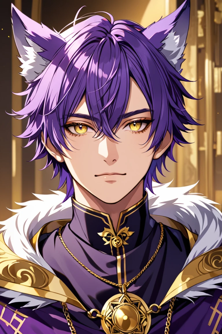 Anubis human form, handsome male, purple hair, purple eyes, bara