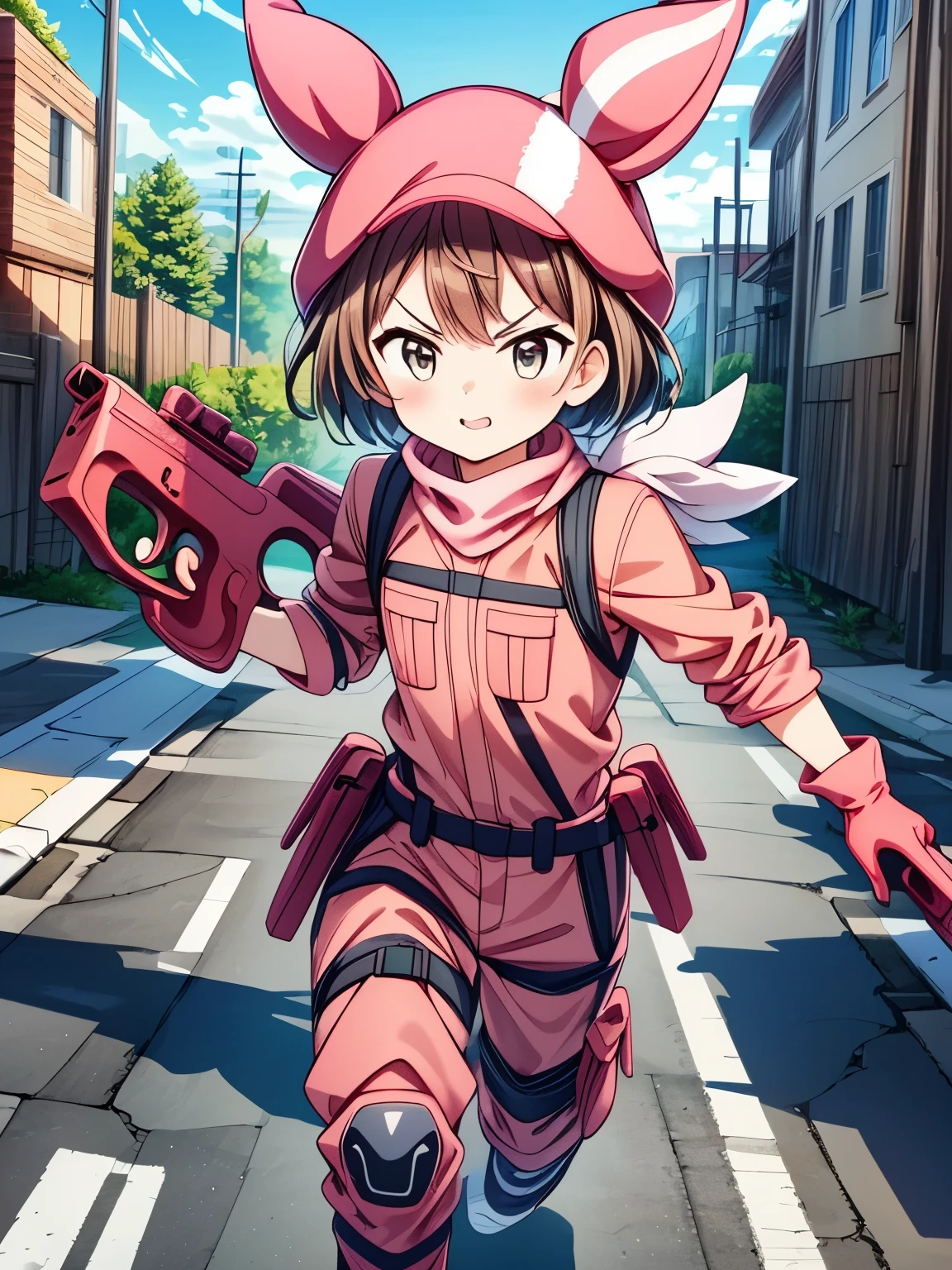 Best Quality,  Hi-Res ,( animated illustration style:1.5), one girl playing pranks、solo、Ren,Town、City、building, jacket,(pants:1.1),Knee pads,camouflage, Fur Trim,Gloves, Straps, closed mouth、Angry、 short hair,Animal hats,Beautiful brown hair、 target viewers , Hold the big gun 、( pink gun,p90:1.3), ( running:1.5)