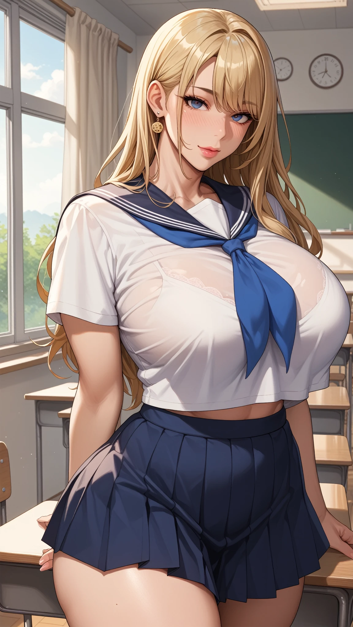 (masterpiece:1.2、highest quality、T Masterpiece)、1 female、alone、classroom、Day、stand、blonde、ponytail、blue eyes、(sailor suit:1.4)、(black skin:1.4)、big breasts、pantyhose、corset、hoop earrings、lipstick、mini skirt、very sweaty、Ring Choker、Scrunchie、blush、covered chest、Bangs braids、(Hung with a rope:1.4)、floating