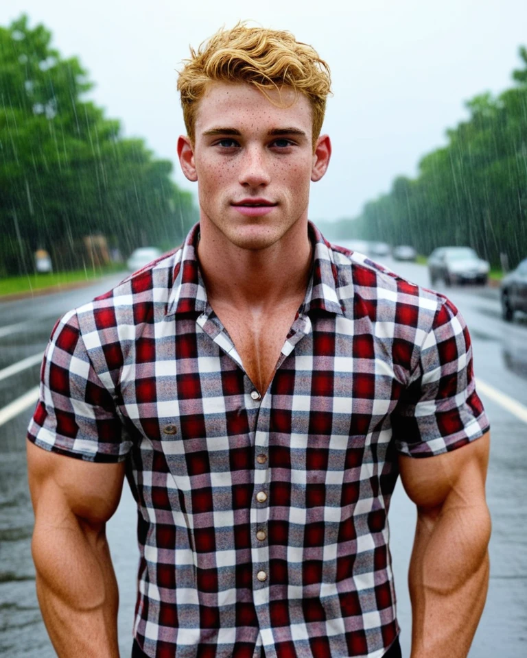 (zPDXL2), 8K, score_9, score_8_over, score_7_over, yaoi, 1 boys, homosexual, detailed, very short hair, blond hair, freckles, blue eyes, freckles, freckles on body, broad and muscular shoulders, pectoral muscles, abdomen, vascular biceps and triceps, flannel shirt, cute, blond, boyish face, cute face, perspective above, looking at viewer, rain, cloudy sky, street rain, Glamour Shots_PDXL