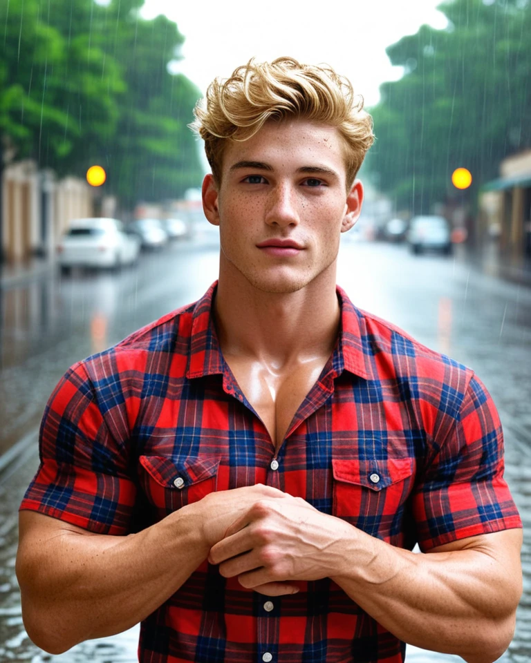 (zPDXL2), 8K, score_9, score_8_over, score_7_over, yaoi, 1 boys, homosexual, detailed, very short hair, blond hair, freckles, blue eyes, freckles, freckles on body, broad and muscular shoulders, pectoral muscles, abdomen, vascular biceps and triceps, flannel shirt, cute, blond, boyish face, cute face, perspective above, looking at viewer, rain, cloudy sky, street rain, Glamour Shots_PDXL