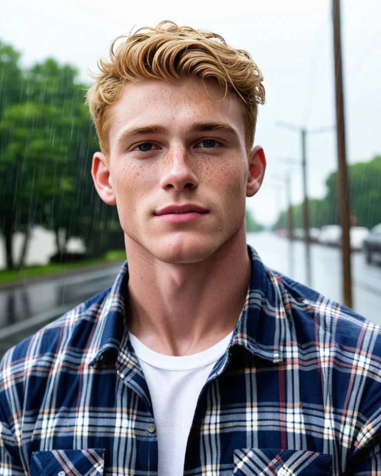 (zPDXL2), 8K, score_9, score_8_over, score_7_over, yaoi, 1 boys, homosexual, detailed, very short hair, blond hair, freckles, blue eyes, freckles, freckles on body, broad and muscular shoulders, pectoral muscles, abdomen, vascular biceps and triceps, flannel shirt, cute, blond, boyish face, cute face, perspective above, looking at viewer, rain, cloudy sky, street rain, Glamour Shots_PDXL