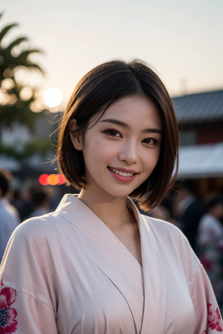 A very cute face like an idol、A young-looking 20-year-old woman、Smiling Kindly、Wearing a Japanese long-sleeved yukata、Cleavage、night、Walking through a Japanese festival、Natural light、Whole body、High level of artistry