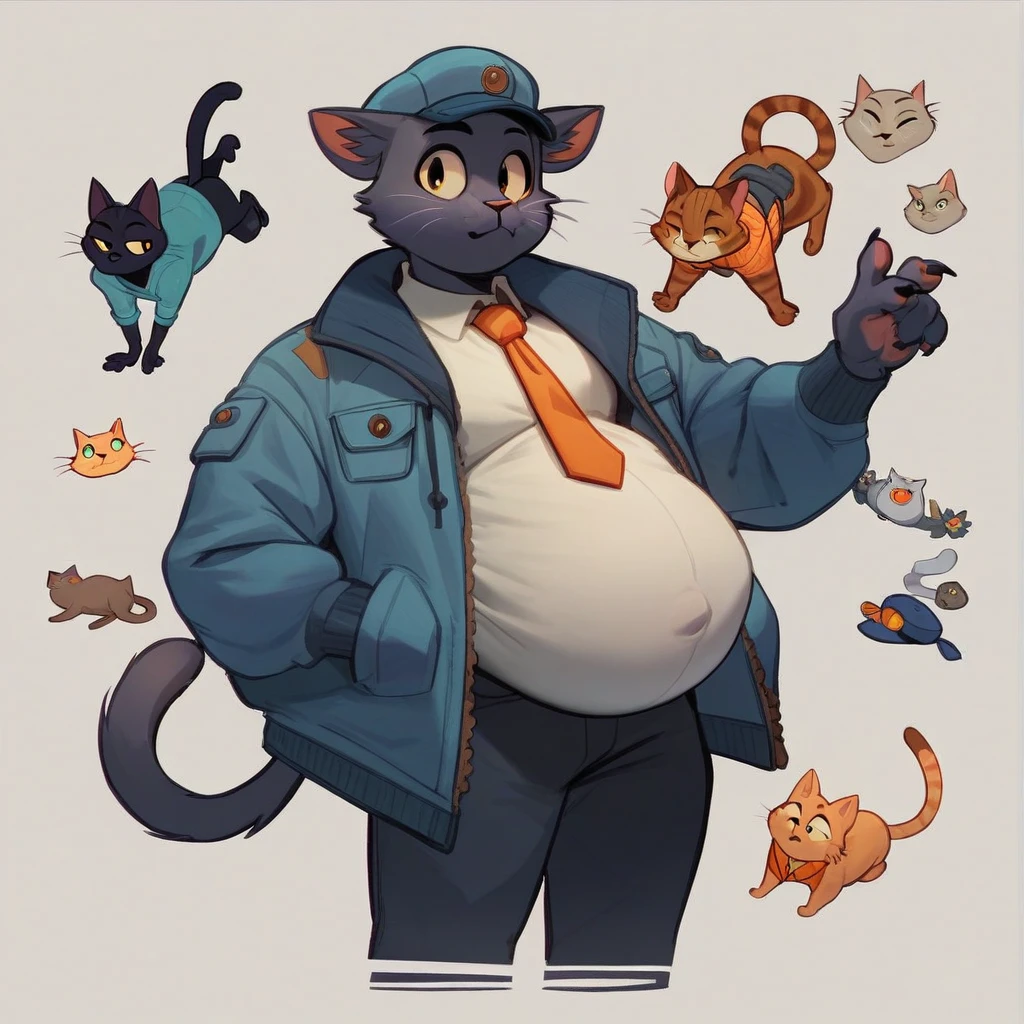 big belly,  plump cheeks  , cat ears, grey wool, blue jacket, blue hat ,  orange tie,  a white shirt , Cat,  anthropomorphic  , furry