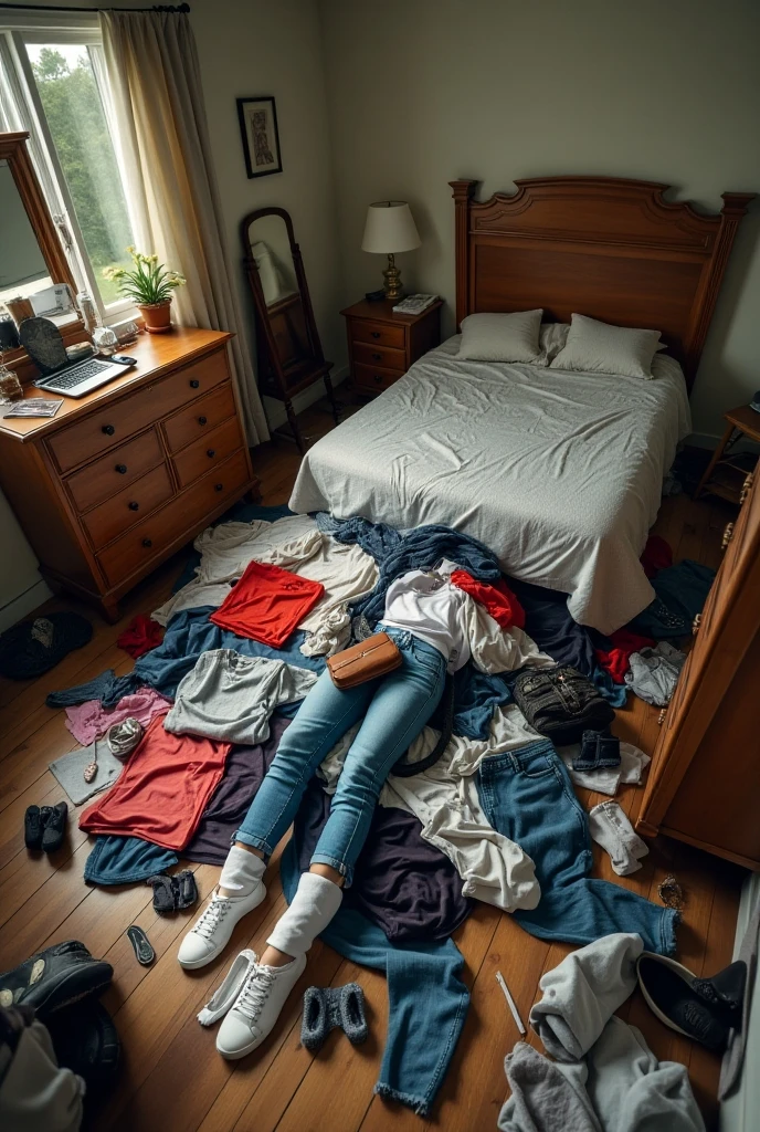 (a messy room:1.4),A photo of a beautiful 18 year old white American woman from r/Nude_Selfie, She took a selfie with her mobile phone,holding phone, solo, nipples, blonde hair, underwear, smartphone, panties, long hair, navel, selfie, socks, medium breasts, indoors, bed, standing, holding,shoes, (bra removed), bag, clothes removed, pillow, pants removed, window, breasts apart, black footwear, mirror,bedroom background,(A lot of garbage on the floor), <lora:åäºæ¿é-messy room_V1:1>,(There are many clothes on the bed),(clothes hanger,mugs, used beer bottles, lots of food on the table,toilet paper on the floor,garbage can,stuffed toy, stuffed animal,High heels removed, cloth shoes removed)