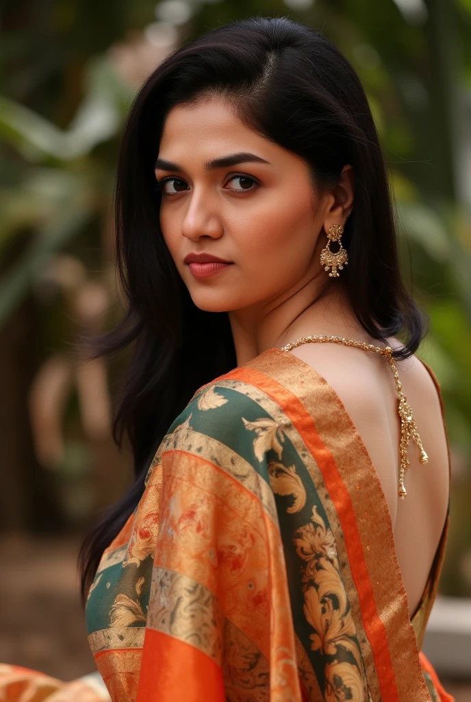 a beautiful woman in a saree, bare back, topless, detailed portrait, highly detailed face, detailed eyes, realistic, photorealistic, 8k, cinematic lighting, bright color tones, glowing skin, intricate fabric details, elegant pose, dramatic shadows, golden jewelry, mystical atmosphere, busty naked , Pooja 