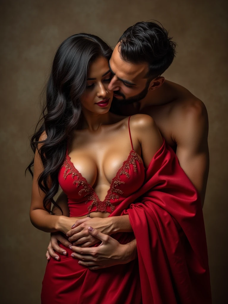 A beautiful Indian woman wearing a red gown,her boobs are tight ,some part is seeing ang her navel is deep ,her fair thighs are stretched out and she is moaning hold her red lip with her teeth and besides a young muscular man who wear only touser and upper body was stunned and his cock is out of his pant