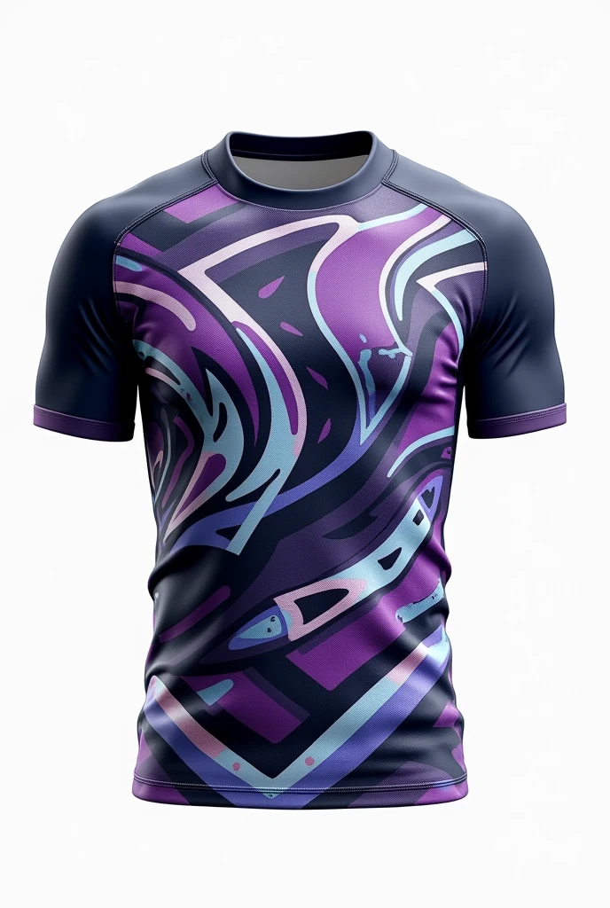 A sports jersey with a white base color and black and purple designs, that can be used for men and women