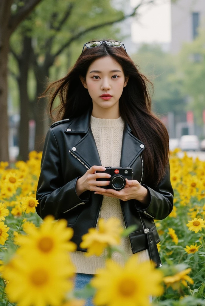 Create a picture of a young woman standing at the street under the tree among yellow flower field. She is wearing a stylish black leather jacket over a light knitted sweater, giving off a casual yet chic vibe,. Her long, dark hair flows naturally,holding leica camera, and she has sunglasses perched on top of her head, adding a touch of sophistication. She gazes directly at the camera with a soft but confident expression. The overall mood is cool, modern, and relaxed, with a focus on casual street style in an everyday setting. 