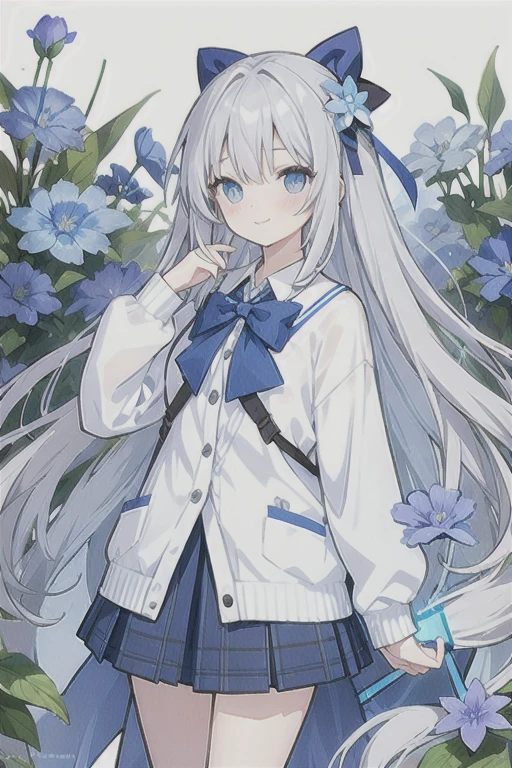 Gray hair、Very long hair · side tail on the right side · eyes of a different color 、Left eye is light blue、Right eye is gray · small breasts · white blouse · large collar · light blue cardigan · light blue ribbon on the sleeve of the cardigan · light gray skirt · large gray ribbon attached to the collar · single human girl · quiet · smiling · light blue flower field · holding light blue flowers · top quality