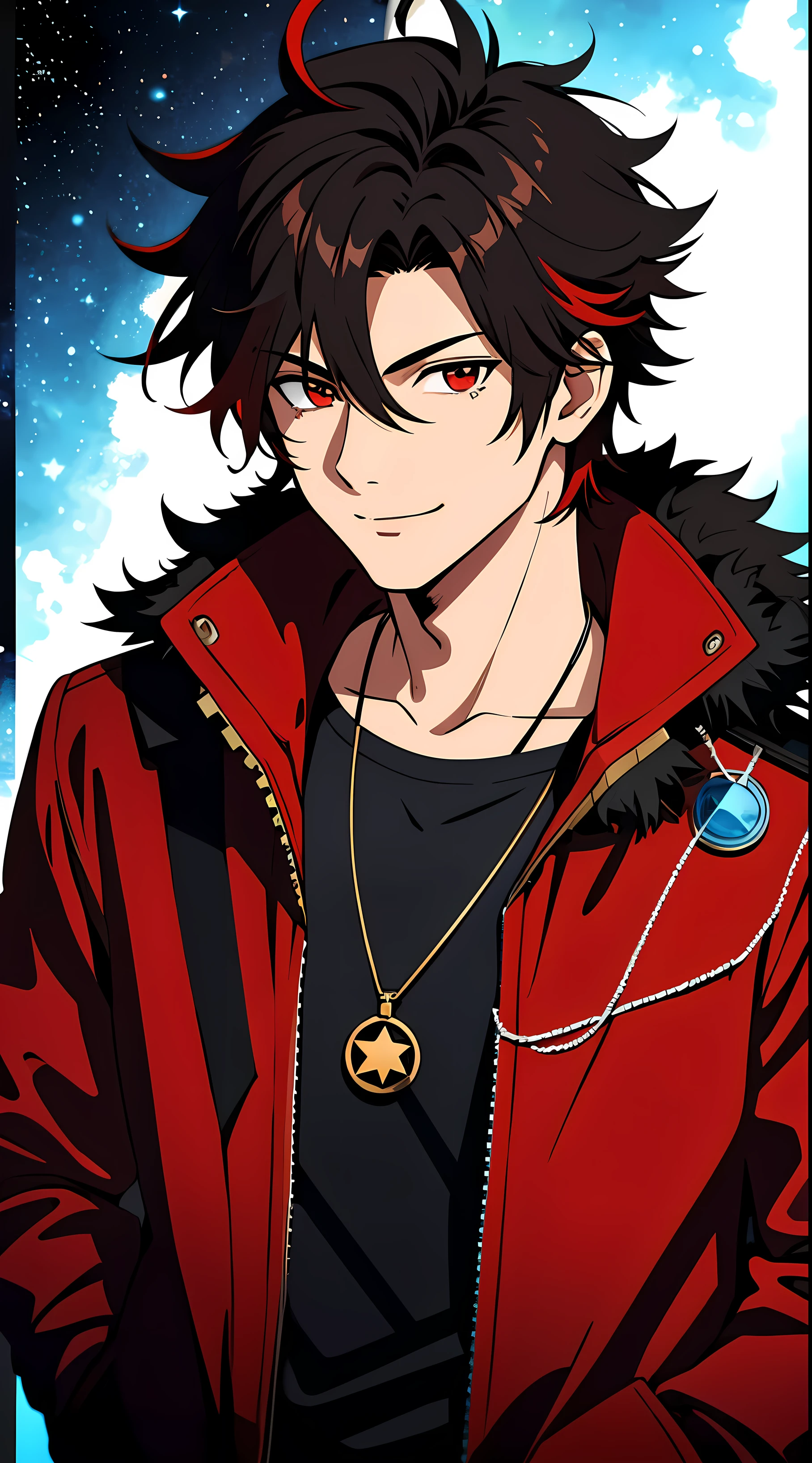 (high-quality, breathtaking),(expressive eyes, perfect face) 1boy, male, solo, young adult, black hair, red streaks in hair, red highlights, fire red eyes, soft wavy hair, short hair length, soft smile, spiky hair, fluffy hair, spiked up hair, black and red jacket, punk jacket, stylized clothing, red shirt, confident smile, age 17, circle locket pendant necklace, dark scars on beck, space background, stars background, galaxy background
