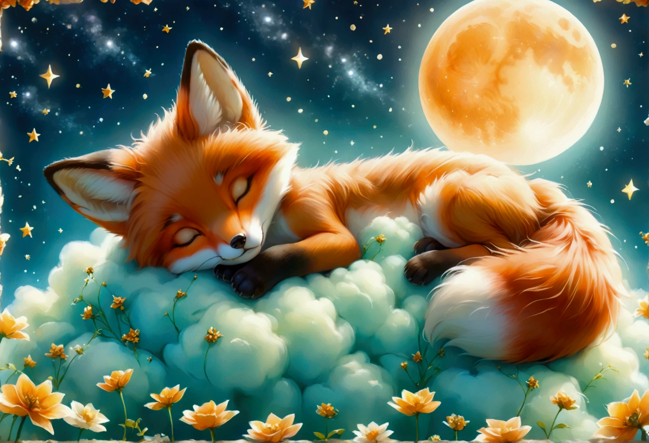 A cute baby fox sleeping on a cloud. The baby fox is surrounded by the Moon and stars. Soft, warm ambient glow.