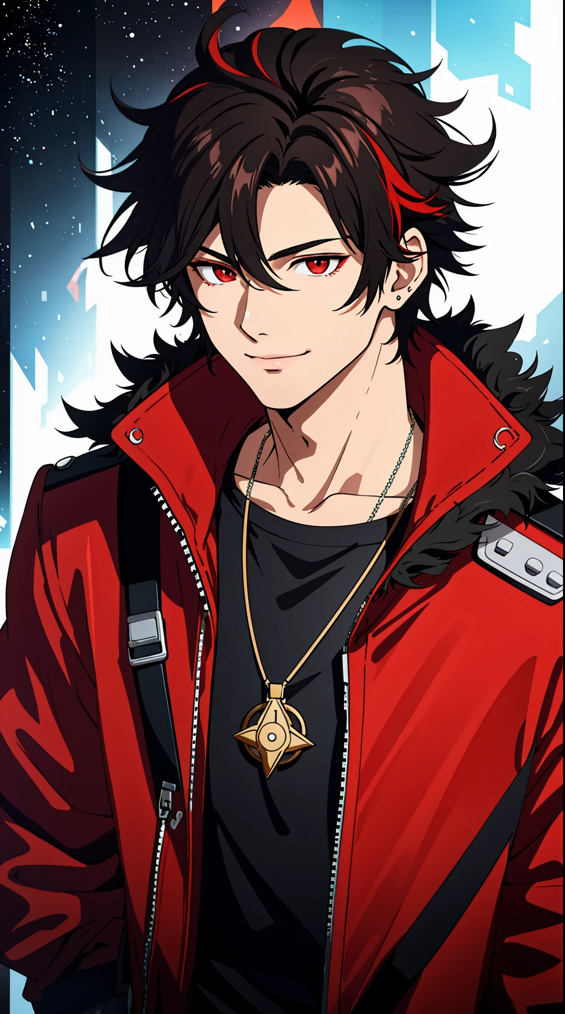 (high-quality, breathtaking),(expressive eyes, perfect face) 1boy, male, solo, young adult, black hair, red streaks in hair, red highlights, fire red eyes, soft wavy hair, short hair length, soft smile, spiky hair, fluffy hair, spiked up hair, black and red jacket, punk jacket, stylized clothing, red shirt, confident smile, age 17, circle locket pendant necklace, dark scars on beck, space background, stars background, galaxy background
