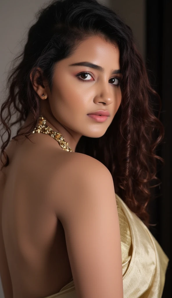 Side angle photo of a beautiful naked curvy girl, in a saree, bare back, topless, detailed portrait, highly detailed face, detailed eyes, realistic, photorealistic, 8k, cinematic lighting, bright color tones, glowing skin, intricate fabric details, elegant pose, dramatic shadows, golden jewelry, mystical atmosphere, busty naked 