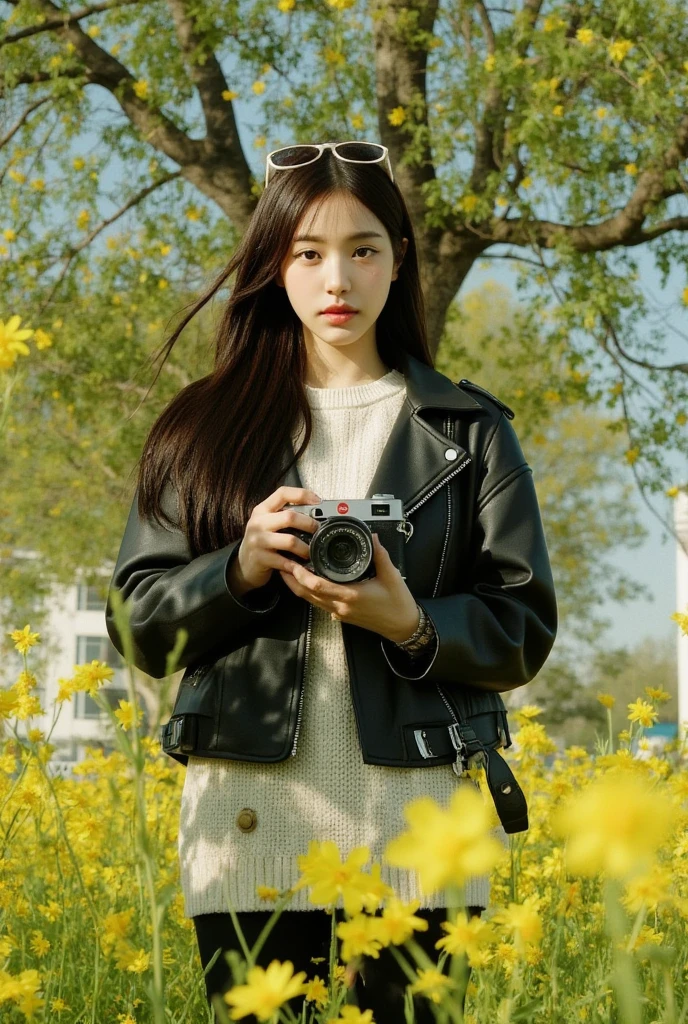 Create a picture of a young woman standing  under the tree among yellow flower field. She is wearing a stylish black leather jacket over a light knitted sweater, giving off a casual yet chic vibe,. Her long, dark hair flows naturally,holding leica camera, and she has sunglasses perched on top of her head, adding a touch of sophistication. She gazes directly at the camera with a soft but confident expression. The overall mood is cool, modern, and relaxed, with a focus on casual street style in an everyday setting. 