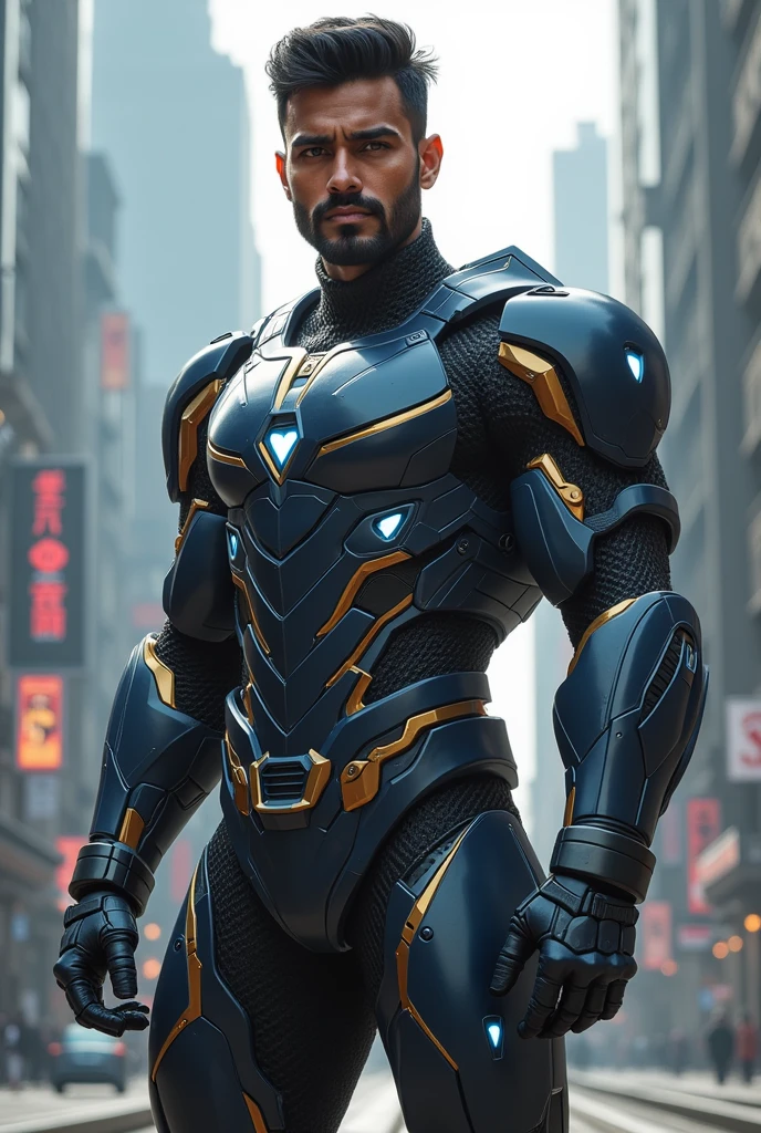 denzel washington with Malcolm-X Glasses, cabelos cacheados, fantasia sombria, homem negro, Brown skin, homem 45 anos wearing a mechanical suit, intrincado, (golden steel poolished metal), elegante, obra-prima, ((rua)), pilotando em uma moto futuristica.