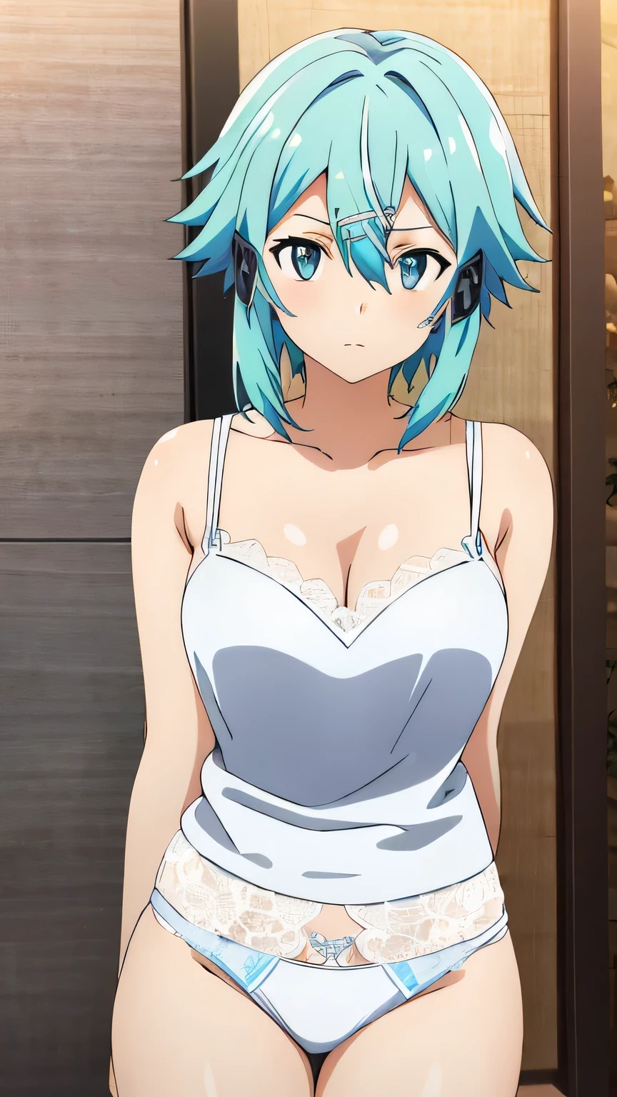 (Best Quality, masterpiece, 8k:1.2), Super detailed,  Hi-Res, (Anime:1.2),  1 girl, Alone, EpsOA Shinon ,  short hair,  light blue hair,  Detailed Jewel Eyes,  hair between eyes , ( hair accessory:1.2),  hair clips,  side lock, indoor,white shirt,white lace panties,Dynamic Angles ,  cowboy shot, viewers,