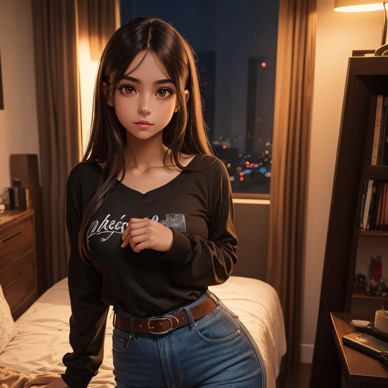 a full body short of 22 year old girl in oversized shirt streaming playing video game on desktop PC, 1girl, Mole in right chin on face , oversized tshirt white and black shorts, c cup breast medium size , black straight long hair ,long hairstyle, Ilford, Romantic , Shot from front, Shot by Blackmagic Pocket, dynamic pose, Cinema Camera 6K Pro with Sigma 18-35mm f/1.8 DC HSM Art Lens, beautifully lit, high resolution, clear tones, depth of field, cinematic lighting, 4k, elite, luxury, micro detalls, bokeh, elegant, cinematic, photorealistic, Hair light, at Gaming room in background, Photography by Richard Avedon