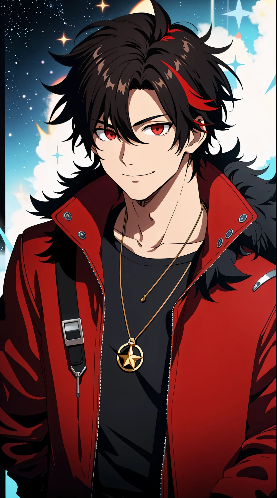 (high-quality, breathtaking),(expressive eyes, perfect face) 1boy, male, solo, young adult, black hair, red streaks in hair, red highlights, fire red eyes, soft wavy hair, short hair length, soft smile, spiky hair, fluffy hair, spiked up hair, black and red jacket, punk jacket, stylized clothing, red shirt, confident smile, age 17, circle locket pendant necklace, dark scars on beck, space background, stars background, galaxy background
